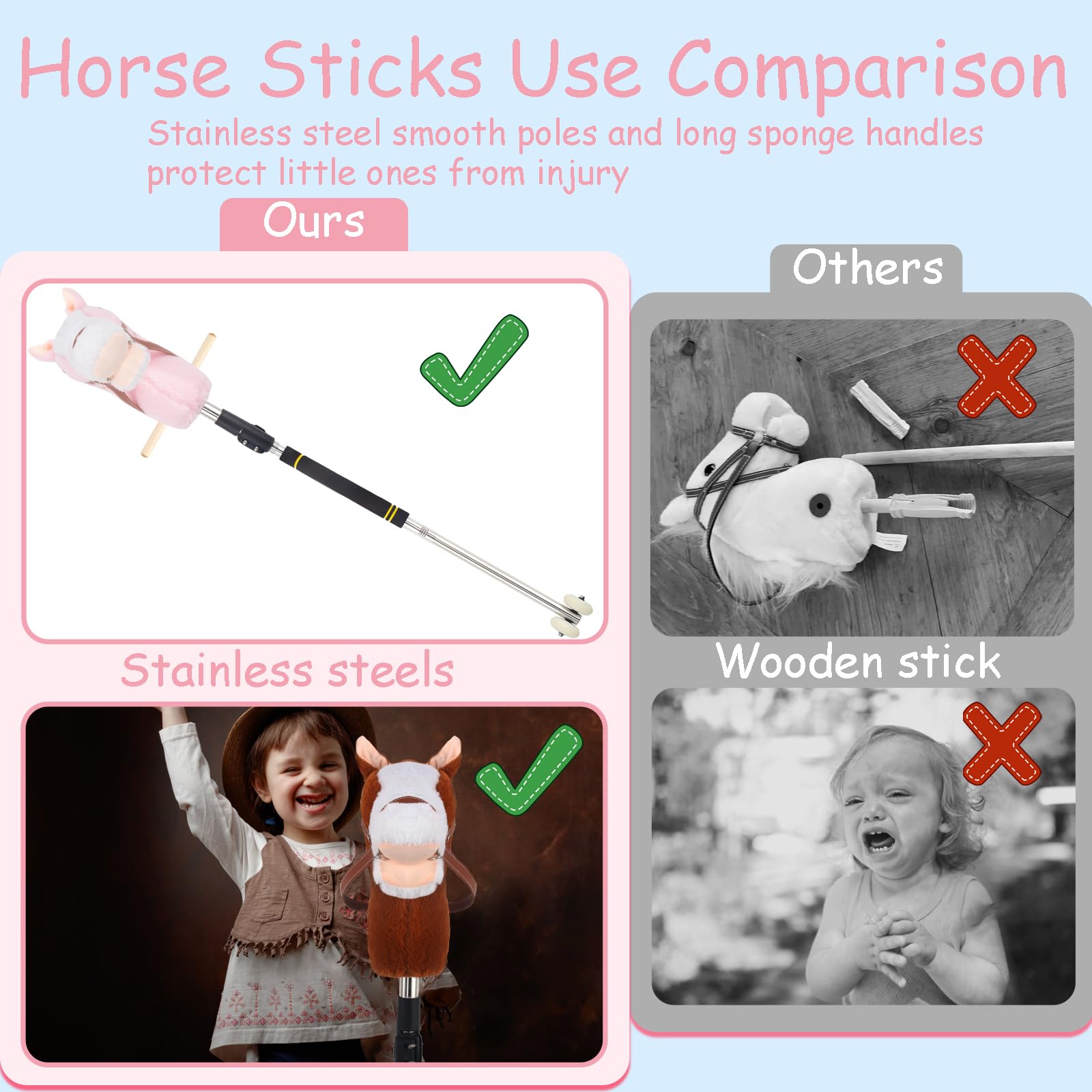 Hobby Horse on a Stick,30 to 50In Stick Horse for Kids 3-12 Years Plush Handcrafted Party Cowgirl Music Pink Pony Horse Toy with Illuminated Wheel Stainless Steels Soft Sponge Handle (Pink)