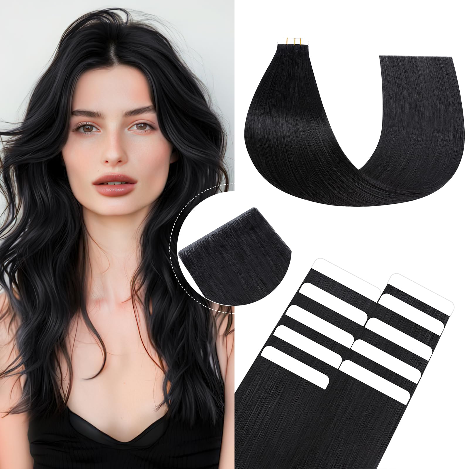 SEGOHAIR Tape in Hair Extensions Human Hair Virgin Hair Pieces Injected Remy Tape Hair Extensions, Invisible Seamless for Women 16" 12.5g 5pcs Jet Black — image 1