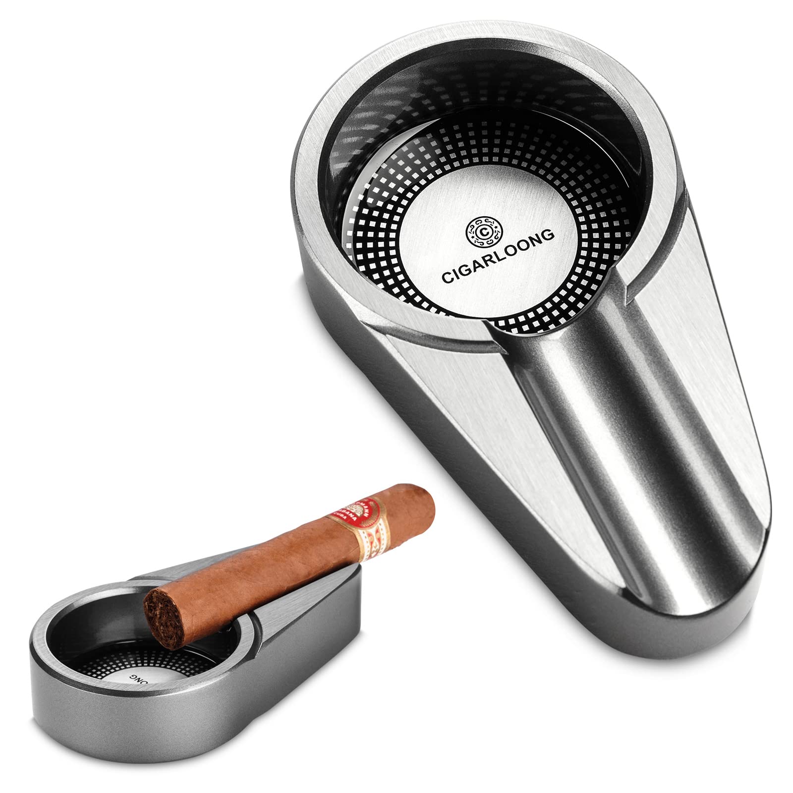 CIGARLOONG Cigar Ashtray Stainless Steel Large Slot Ashtray for Indoor or Outdoor Use(Color:Silver) (Silver)