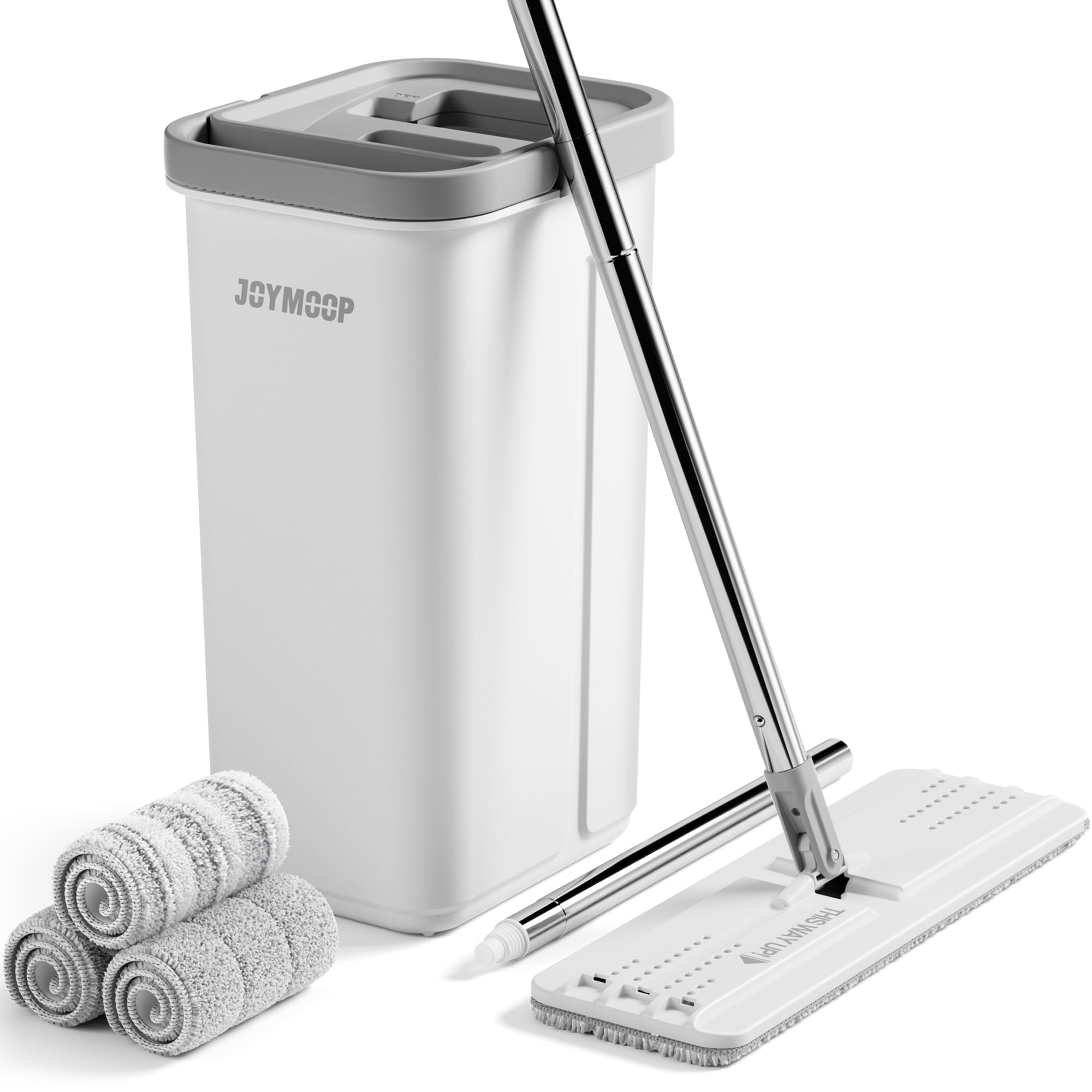 Photo 1 of JOYMOOP Mop and Bucket with Wringer Set, Hands Free Flat Floor Mop and Bucket, 60" Mop with 3 Reusable Microfiber Pads, Wet and Dry Use, Floor Cleaning System