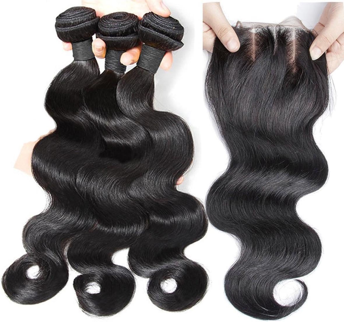 Dream Virgin Hair 100% Brazilian Virgin Human Hair 3 Way Part Closure (4X4)+3 Bundles 12"-30" Body Wave Natural Color Can be dyed (14"/16"/18"with 10"Closure)