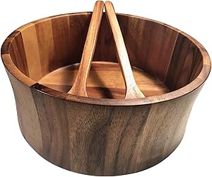 Kalmar Home 12-Inch Acacia Wood Curved Extra Large Salad Bowl with Servers