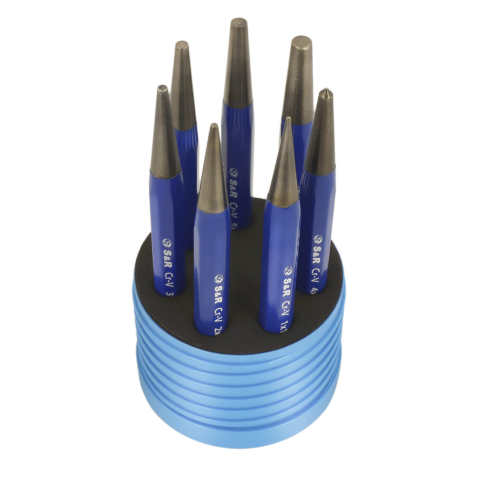 S&R Center + Drift Punch Set - Includes Center Punch (4mm) and 6 Drift Punches (1/2/3/4/5/6mm) in Practical Storage Box