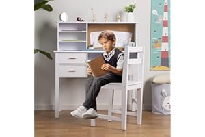 wanan Kids Desk and Chair Set, Wooden Children Study Table with Hutch/Drawer & Bulletin Board, Student Study Desks Computer Desk Art Desk for Bedroom Study Room (White)