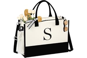 QLOVEA Initial Canvas Tote Bag - Reusable Grocery Bags, Birthday Gifts Basket for Bridemaids Friends Teachers