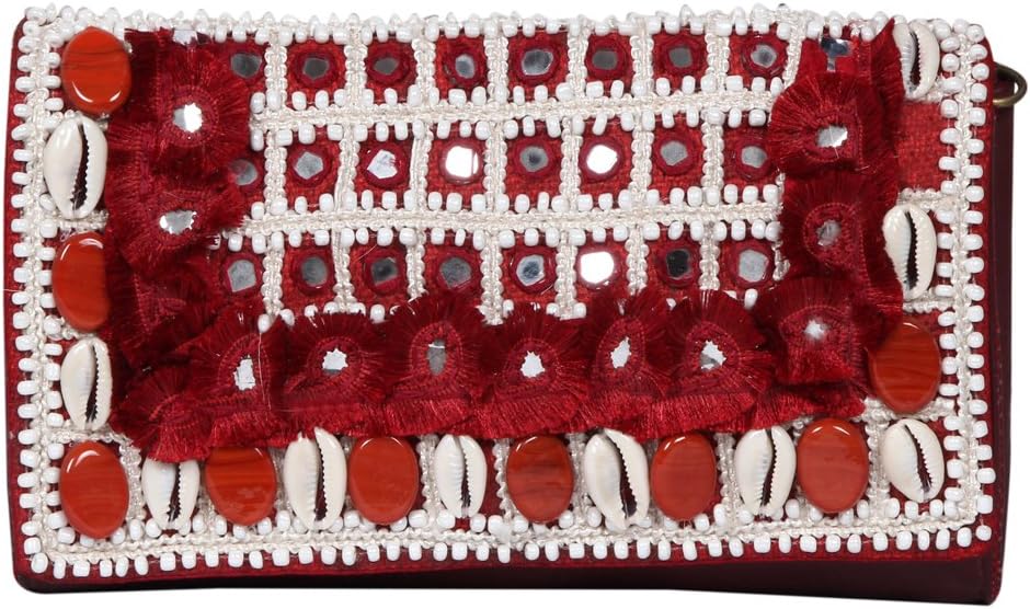 Afflon Stone mirror work leather cowrie hand embroidered bohemian clutch bag