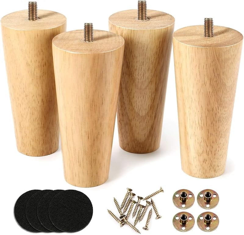 Eidoct Set of 4 Solid Wood Furniture Legs 10cm 4" Tapered with Pads M8 Screws
