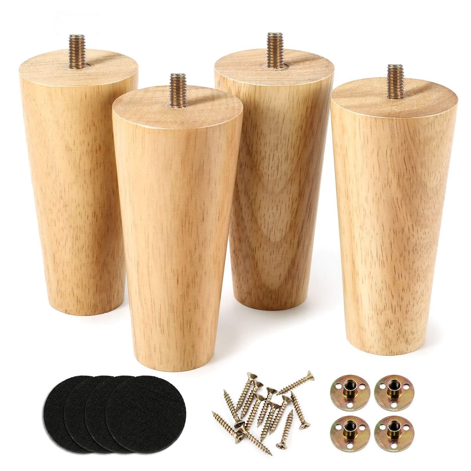 Eidoct Set of 4 Solid Wood Furniture Legs 10cm/4" Long - Tapered Replacement Legs with Rubber Protection Pads & Pre-Drilled M8 Screws for Bed, Table, Chair, Sofa, Footstool