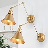 LALUZ Gold Wall Sconces Lighting 2 Pack, Modern Swing Arm Plug-in or Hardwired Adjustable Wall Lamp with Brass Finish for Bed