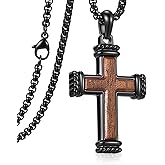 JZPZ Wooden Cross Necklace Men : Christian Necklaces for Man,Stainless Steel Religious Crucifix Pendant with 24'' Link Chain,Male's Faith Jewelry Gift for Him,Prayer,Husband,Boyfriend,Easter,Birthday
