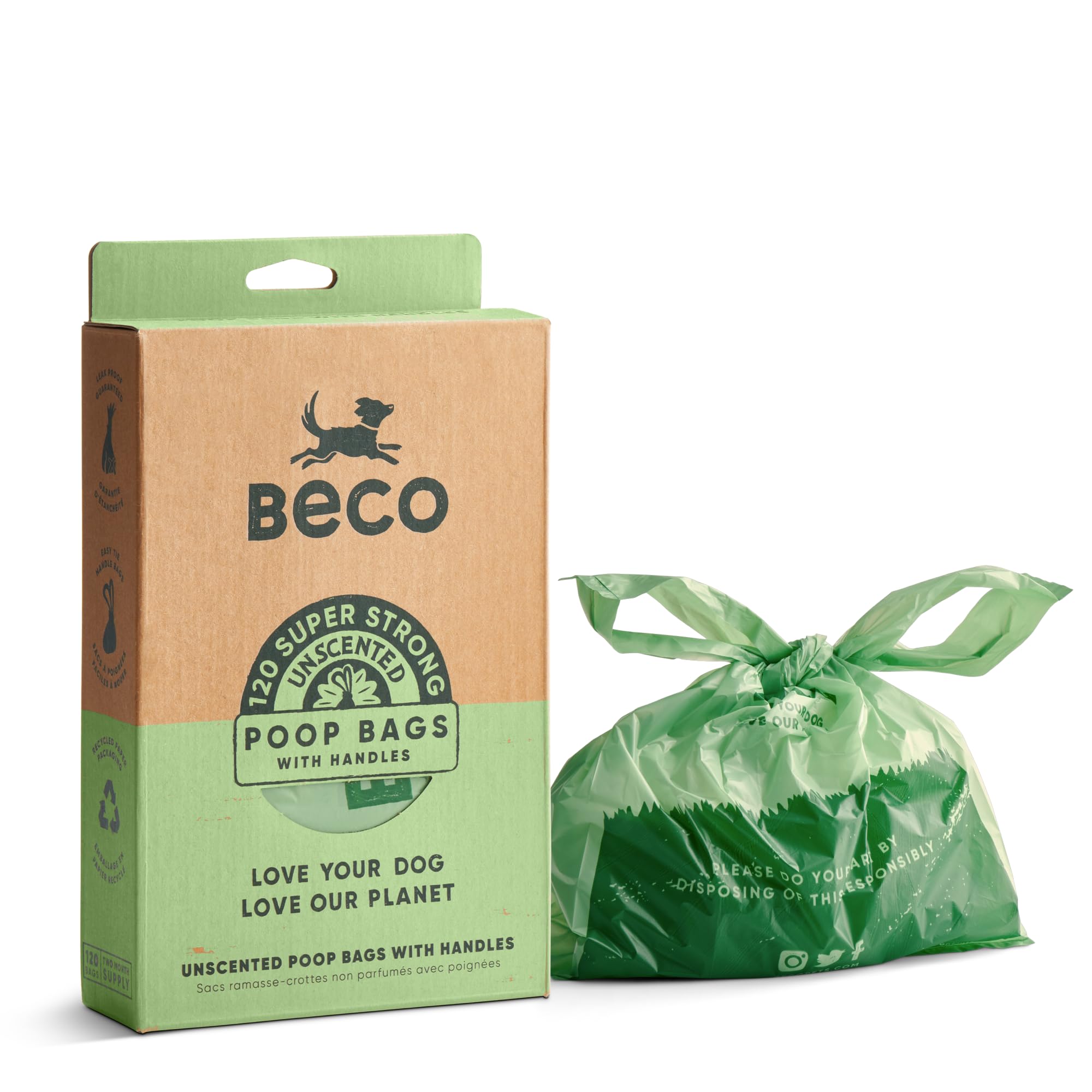 Beco Dog Poo Bags - Strong & Large Poop Bags - 120 Count, Tie Handles, Loose Packed, Unscented for Dog Waste