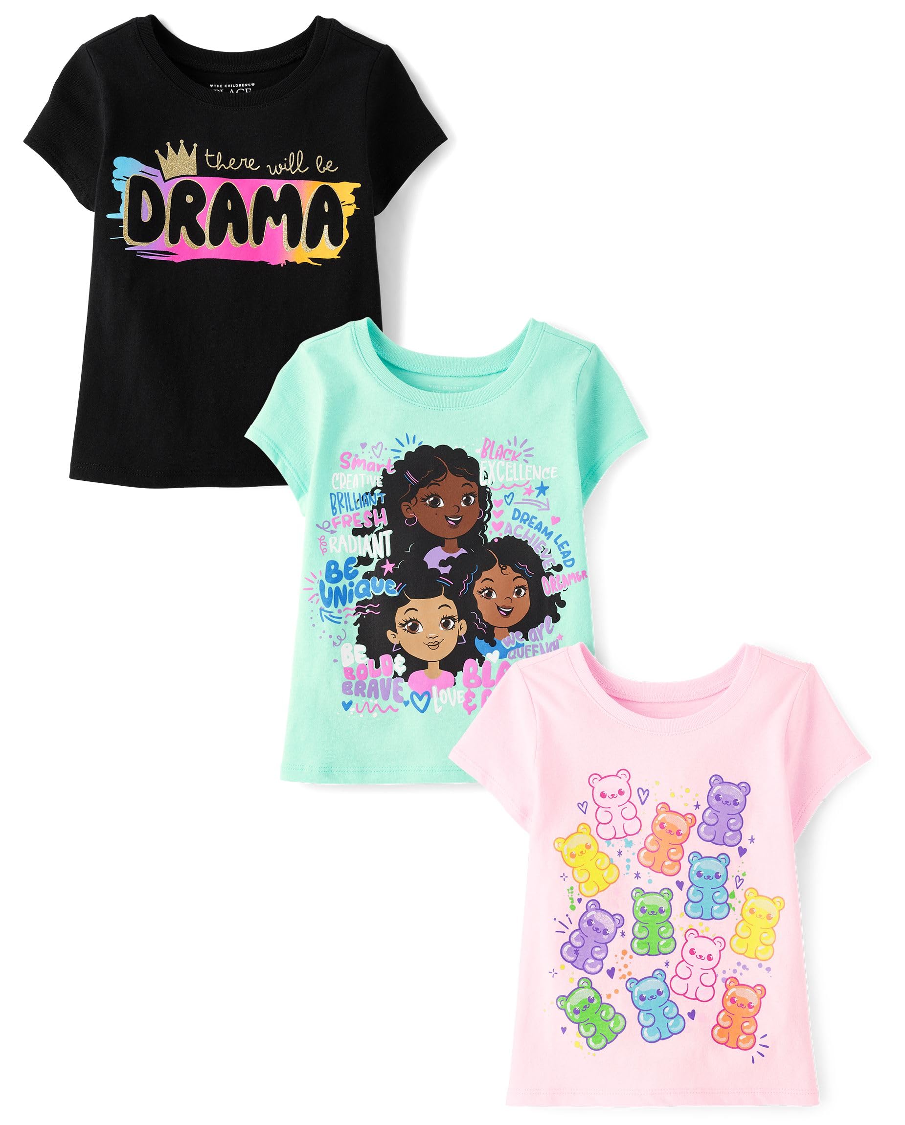 Photo 1 of The Children's Place,Baby Girls,and Toddler Assorted Everyday Short Sleeve Graphic T-Shirts,Multipacks,Drama/Girl Words/Gummy Bears 3-Pack,2 Years
