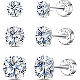Limerencia Moissanite Stud Earrings, 3 Pairs Titanium Screw Back Earring, D Color VVS1 Clarity Lab-created Moissanite Earrings, Hypoallergenic G23 Pure Titanium for Women Men Sensitive Ears
