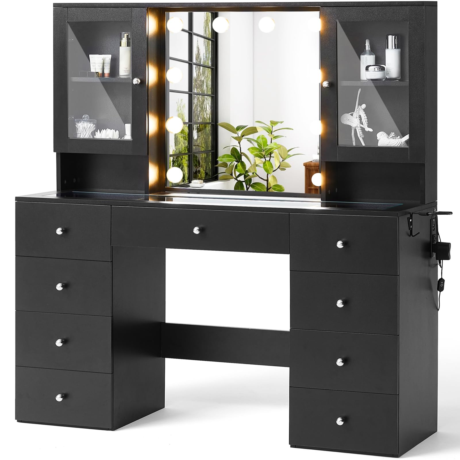 Photo 1 of **MIRROR NOT INCLUDED** LINSY Glass Top Vanity, Black Vanity Desk with Mirror and Lights, Modern Makeup Vanity with Storage, 9 Drawers, 2 Cabinets and Outlet, 47" Big Vanities for Bedrooms, Girls, Women