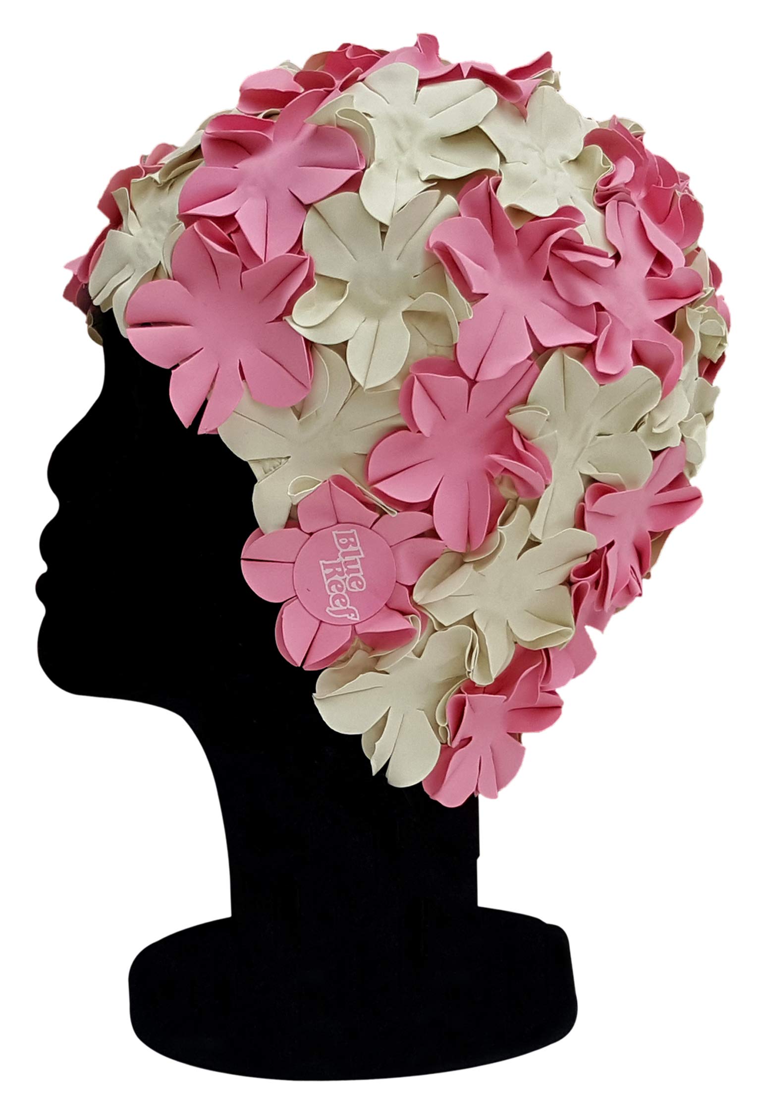 Blue Reef Isla Floral Ladies Classic Retro 3D Flower Petal 2 Colour Stylish Vintage Swimming Hat Swim Cap One Size Adults (Pink/Off White)