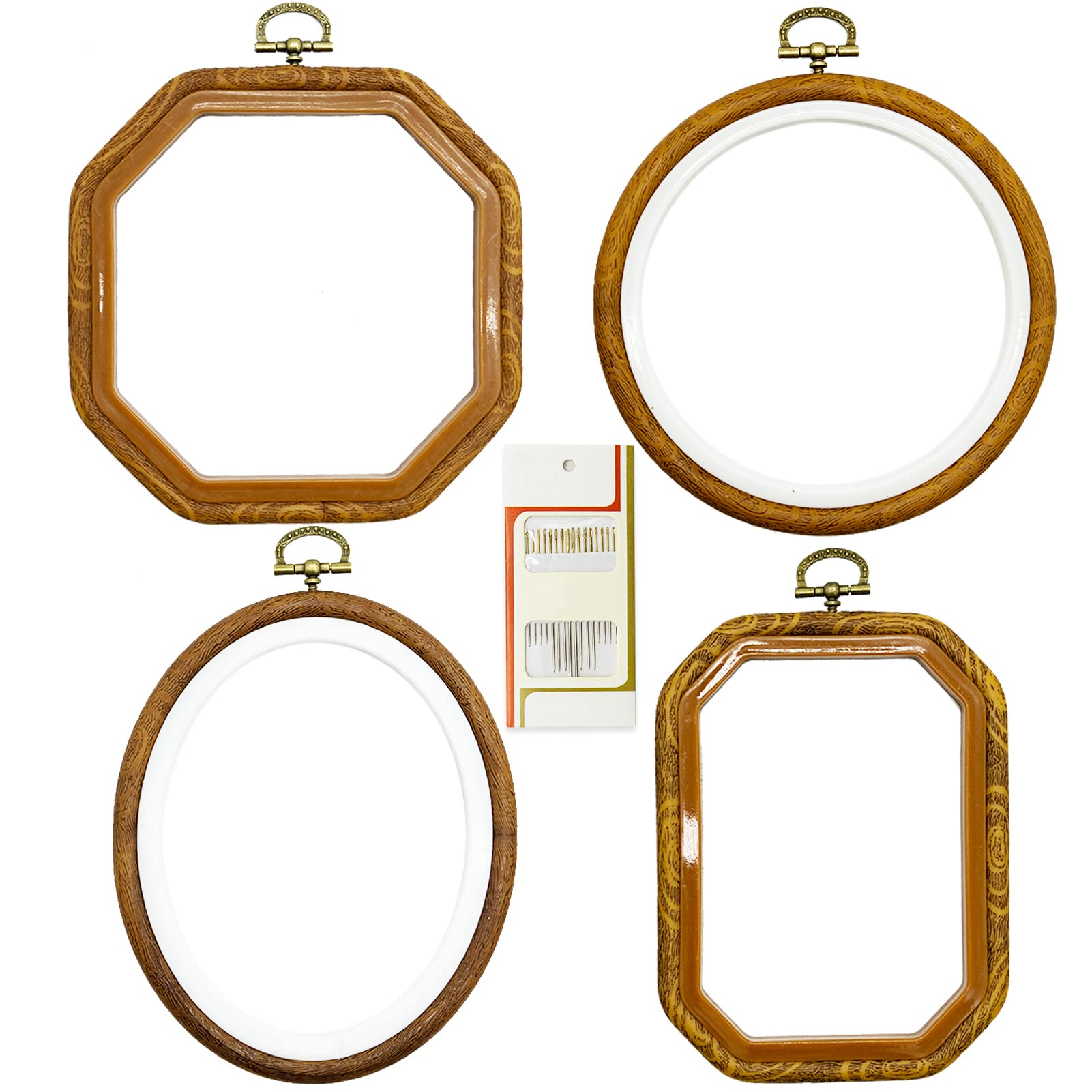 4 Sizes Imitated Wood Multiple Shapes Embroidery Hoop Set Plastic Circle Cross Stitch Hoop Rings for DIY Craft Sewing,Including 16pcs Gold Eye Sewing Needles