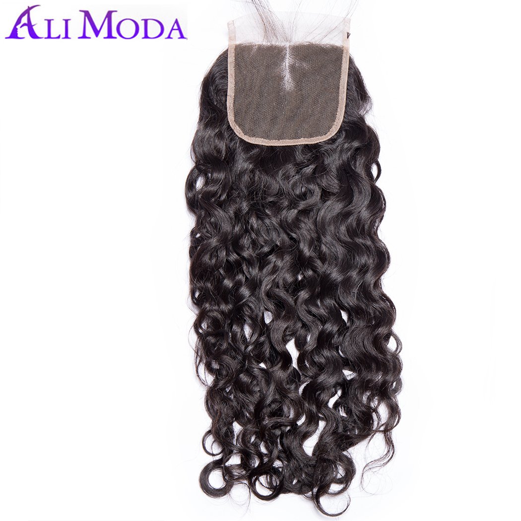 Ali Moda Brazilian 4X4 Middle Part Water Wave Lace Closure 100% Unprocessed Virgin Human Hair Naturl Color For Black Women 16 inch