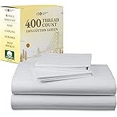California Design Den Striped Full Size Bed Sheets Set - Soft 400 Thread Count Sateen, Natural 100% Cotton Sheets Set with Deep Pockets, Breathable, and Durable Bedding - Striped White