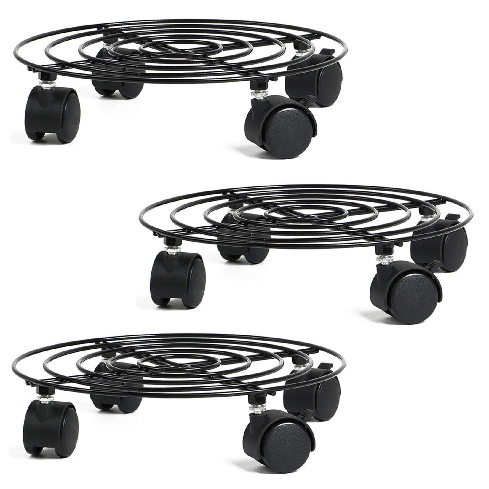 unho 10.8 inches Round Plant Caddy with Wheels, Pack of 3 Black Metal Plant Stand on Rollers Flower Pot Mover for Home Garden Decor