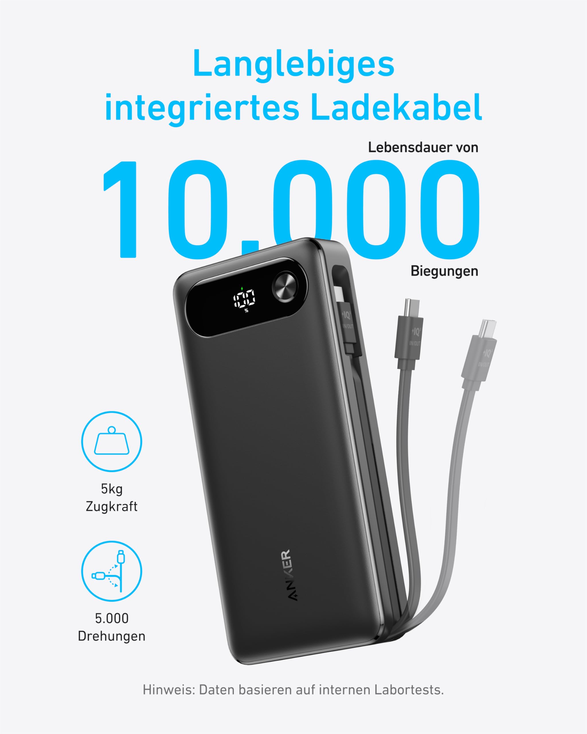 Anker Powerbank, 20000mAh 87W Max, integriertes USB-C Kabel 5