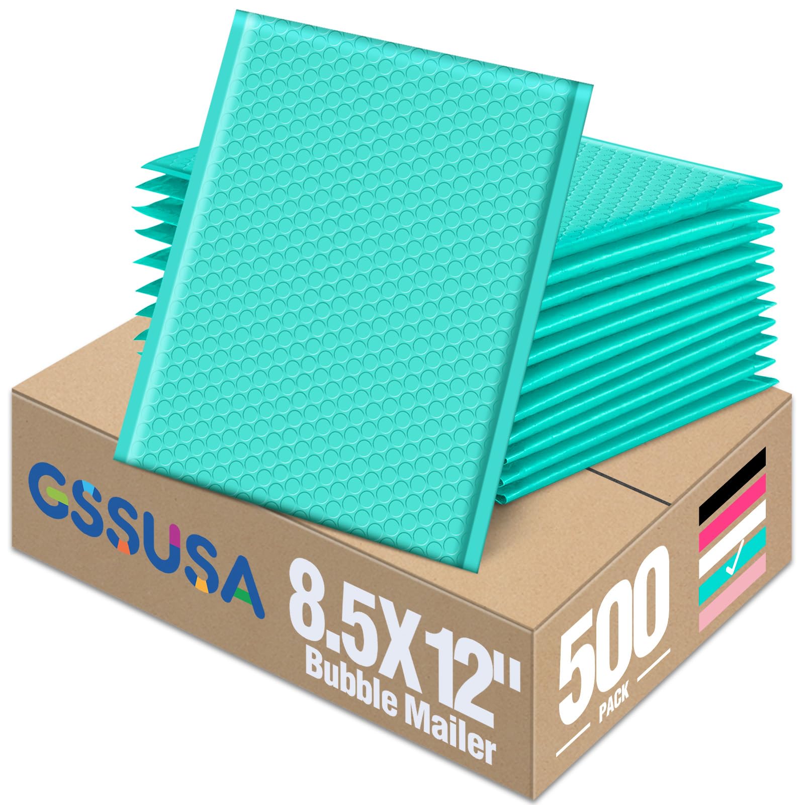 GSSUSA Teal Bubble Mailers 8.5x12" 500 Pack Padded Envelopes Self Seal