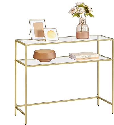 VASAGLE Console Table Gold Glass Top 35x100x80cm Adjustable Legs