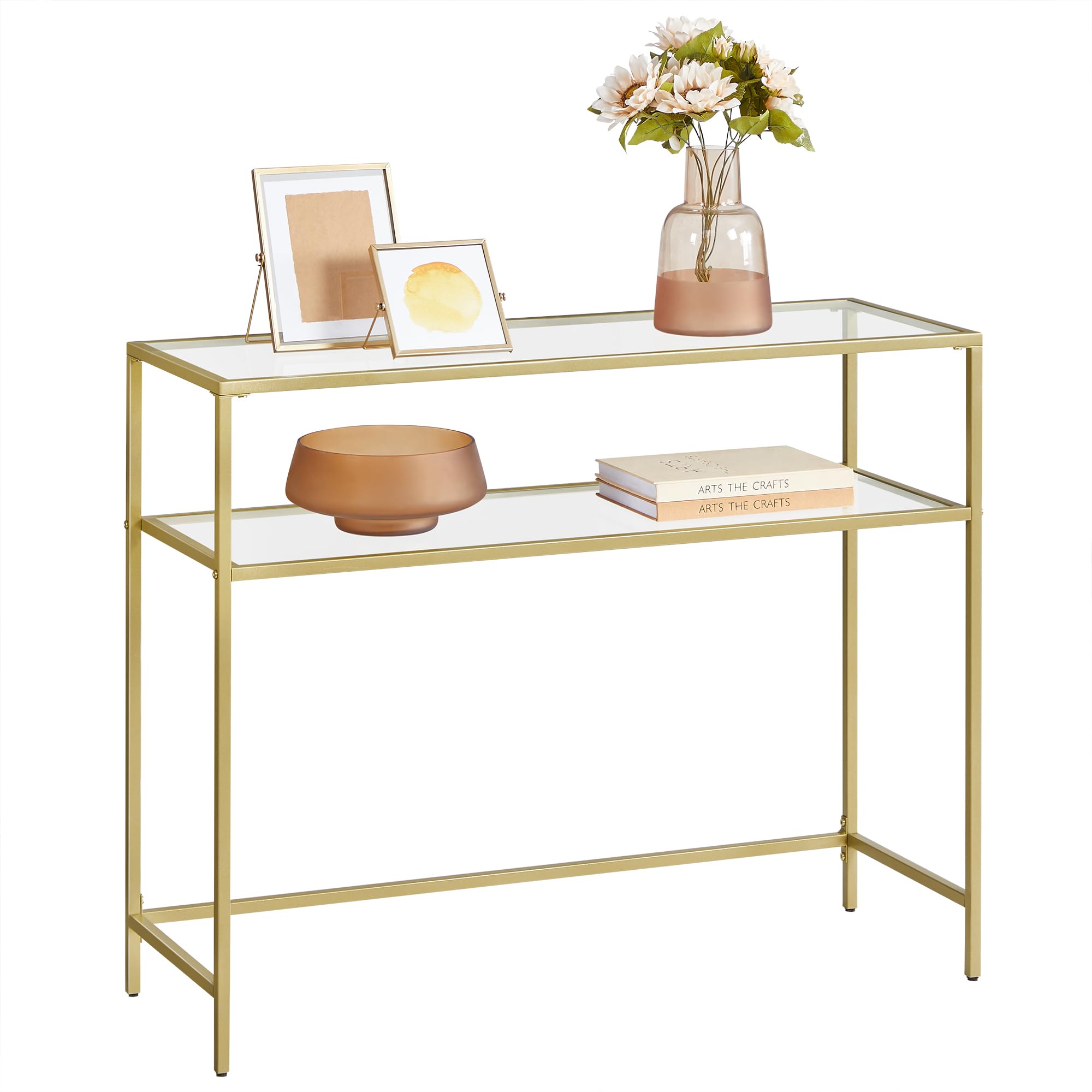 VASAGLE 39.4 Inch Console Sofa Table, Modern Entryway Table, Tempered Glass Table, Metal Frame, 2 Shelves, Adjustable Feet, for Living Room, Hallway, Gold Color ULGT025A01