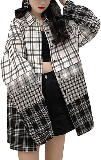 Amazon Shuming チェックシャツ レディース 長袖 ゆったり シャツ チェック柄 ブラウス 韓国 ビッグシルエットトップス ファッション 原宿系 春服 大きいサイズ シャツ ブラウス 通販