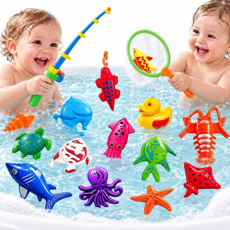 Jogo de Pesca Magnética para Crianças 3 4 4 5 anos - Água refrescante para combater o calor - Inclui 2 canas, saco de rede e criaturas marinhas - Brinquedo educativo para piscina, jardim e banheira