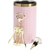 Paris Hilton Wine Bottle Chiller Set, Insulated Double Wall Chiller, Gold Winged Corkscrew Wine Bottle Opener, Diamond Wine Stopper, 3-Piece Set, Pink