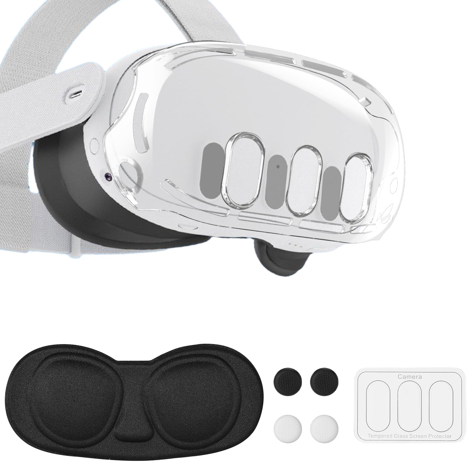VR Accessories for Meta Quest 3, Anti-Scratch Plastic Protective Cover Shell Tempered Glass Lens Protector Joystick Caps Set Compatible with Oculus Quest 3