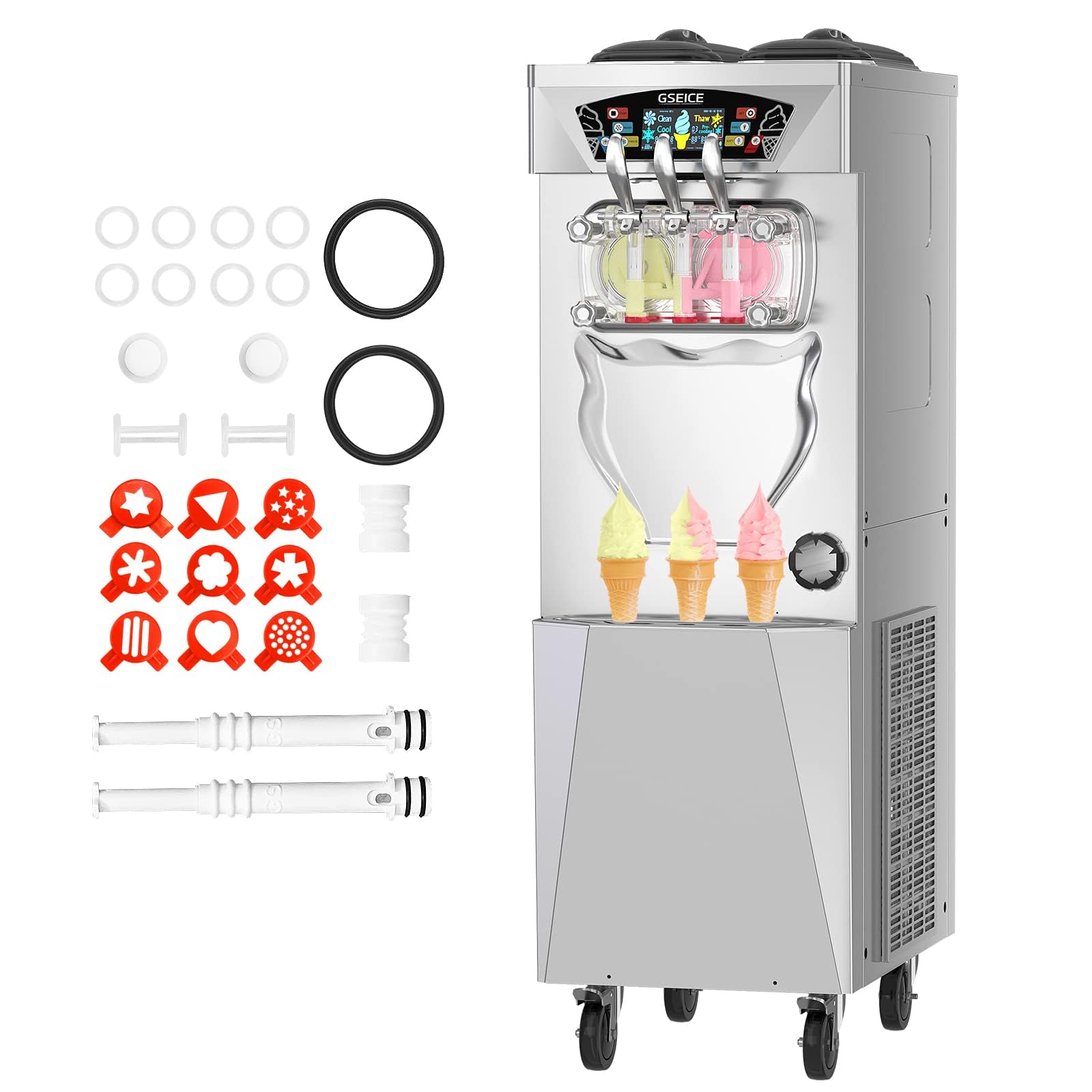 Photo 1 of GSEICE 3600W Commercial Ice Cream Maker Machine, 11-12.2 Gal/H Yield, 2+1 Flavors Soft Serve Machine w/Two 8L Hoppers 2.5L Cylinders Puffing Pre-Cooling & Frequency Conversion