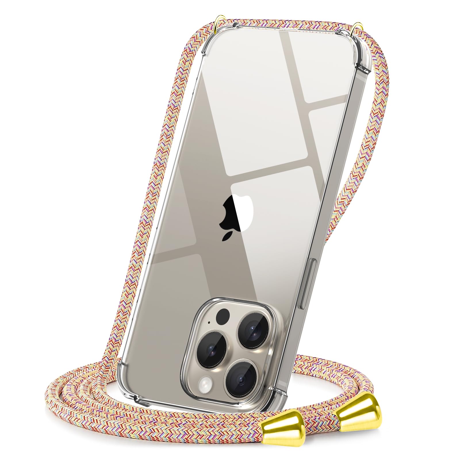 CAROKI Crossbody Case for iPhone 15 Pro Max,Necklace Mobile Phone Cover with Cord Strap Clear Transparent TPU Soft Cover Holder with Neck Cord Lanyard Strap-Rainbow
