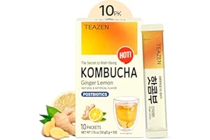 TEAZEN Lemon Ginger Hot Kombucha Tea, Live Probiotics & Postbiotics, Relaxation and Warmth for Colds and Sore Throat, Zero Sugar, Low Caffeine, Fermented Kombucha Powder from Korea, 10 Sticks, 1.76oz