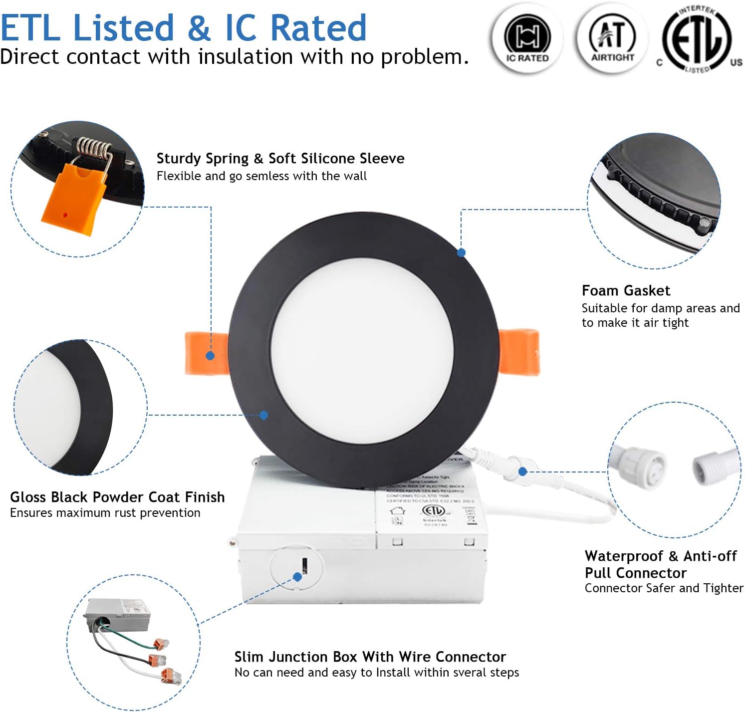 6 Pack Black 4 Inch Slim LED Recessed Light Canless Dimmable with Junction Box 9W 3000K-4000K-5000K Color Selectable - 120V Ultra Thin Downlight High Bright 900LM, IC Rated, Wet Location, ETL Listed - - 