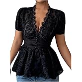 SweatyRocks Women's Short Sleeve Deep V Neck Sheer Lace Button Ruched Ruffle Peplum Shirt Top Blouse
