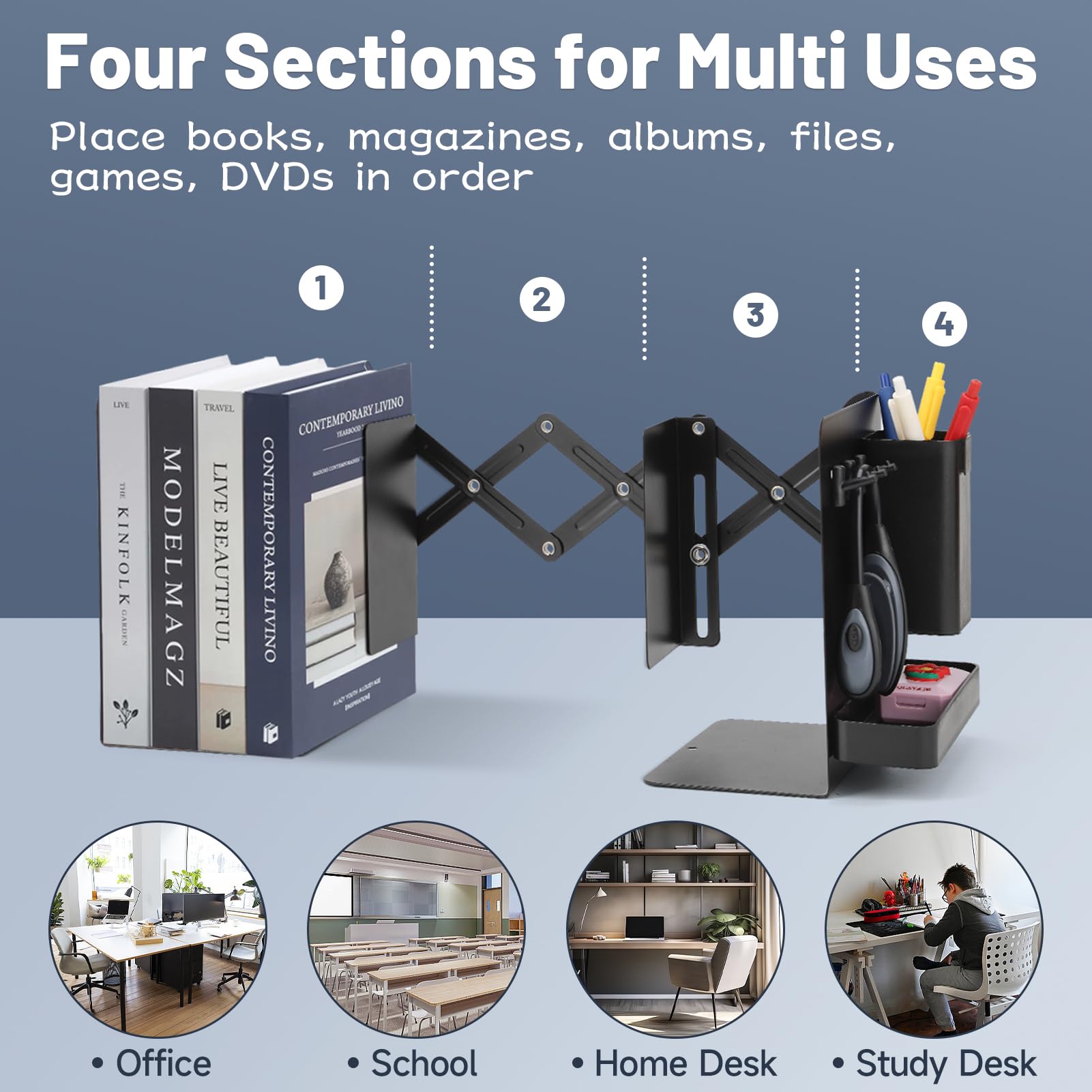 Metal Bookends with Adjustable Length 4 to 19-Inch, Upgraded Book Ends with Detachable Pen Holder, Tray and Hooks, 3-Section Bookrest Organizer Rack for Classroom, Office, School, Home (Black)