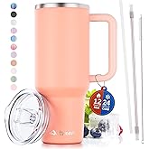 tweevo 40 oz Tumbler With Handle and Straw Made of Stainless Steel - Double Wall Vacuum Insulated Tumbler With Lid - Sweat Proof Easy Grip, BPA-Free, Dishwasher Safe Tumbler (Peach)