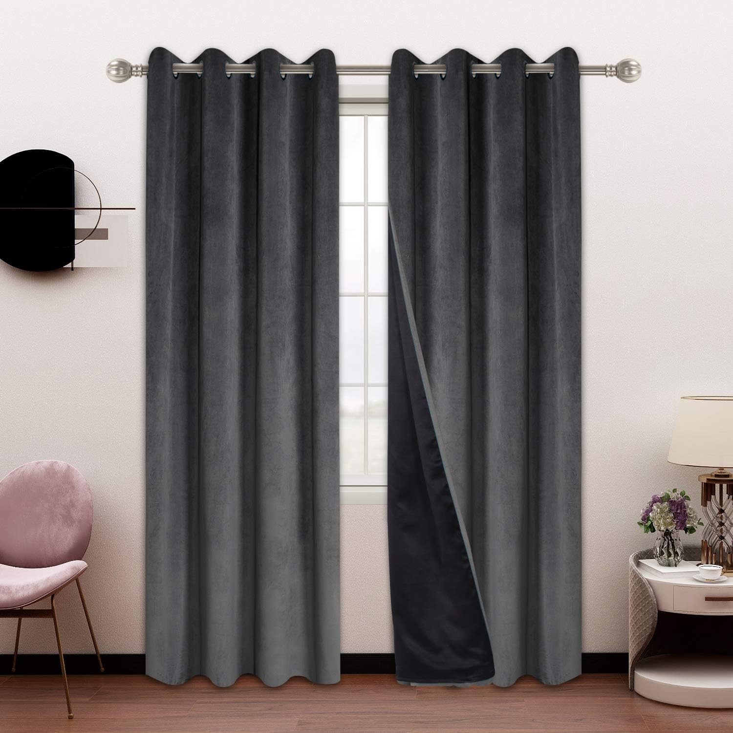 SHEEROOM 100% Blackout Velvet Curtains for Bedroom and Living Room, 52 x 84 inch Length, Dark Grey - Thermal Insulated, Energy Saving, Sun Blocking Grommet Window Drapes, Set of 2 Curtain Panels