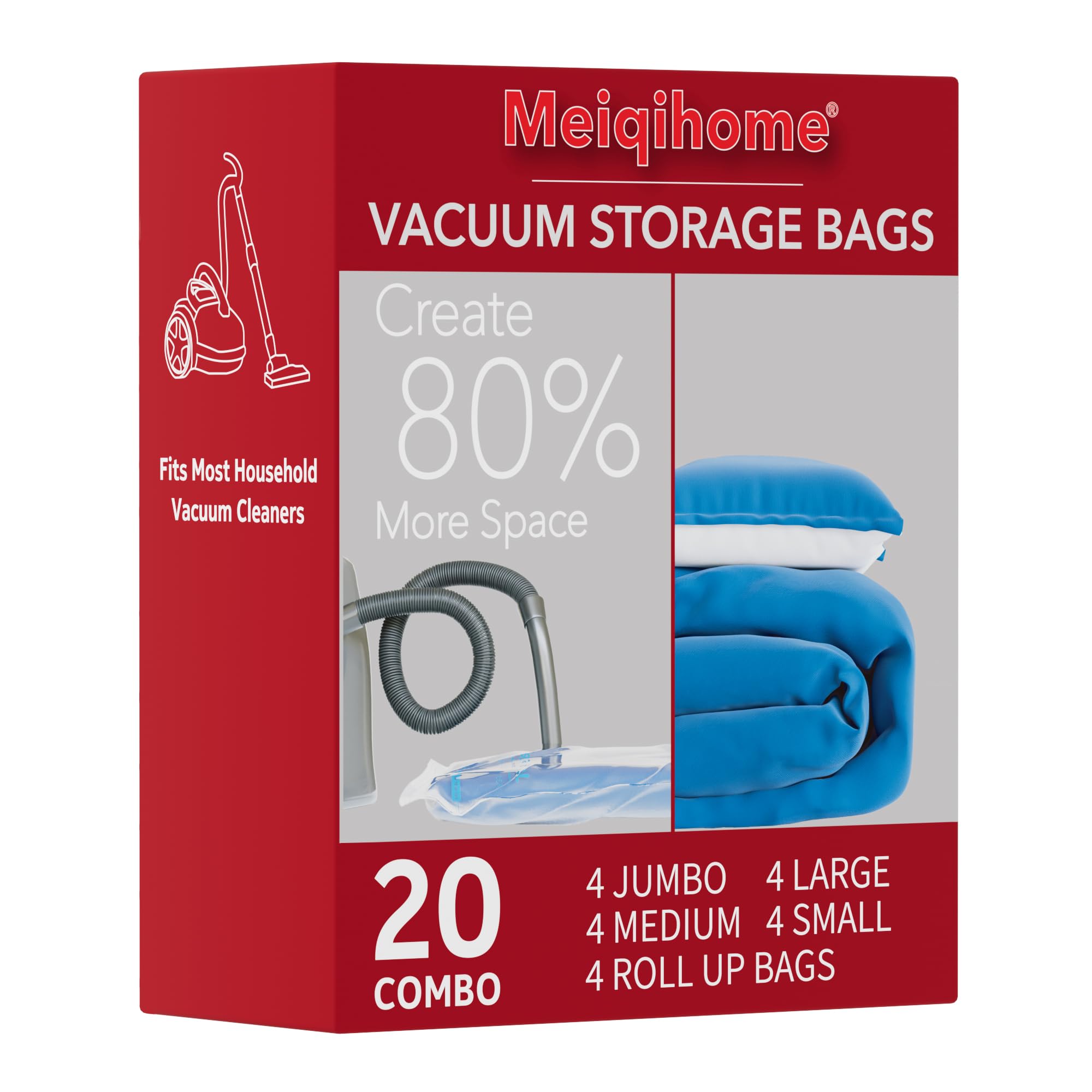 Vacuum Storage Bags 20 Pack,4 Jumbo, 4 Large, 4 Midium, 4 Small,4 Roll Bags Space Saver Sealer Bags, Airtight Compression Bags for Clothes, Pillows, Comforters, Blankets, Bedding,clothing