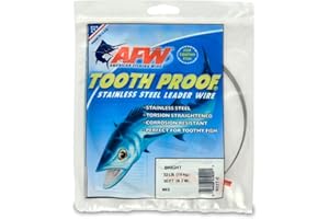 AFW Tooth Proof Stainless Steel Single Strand Hard Leader Wire - Bright and Camo for Shark, Barracuda, King Mackerel, Wahoo, Snook Bite Protection for Toothy Critters, Rigging Baits and Lures