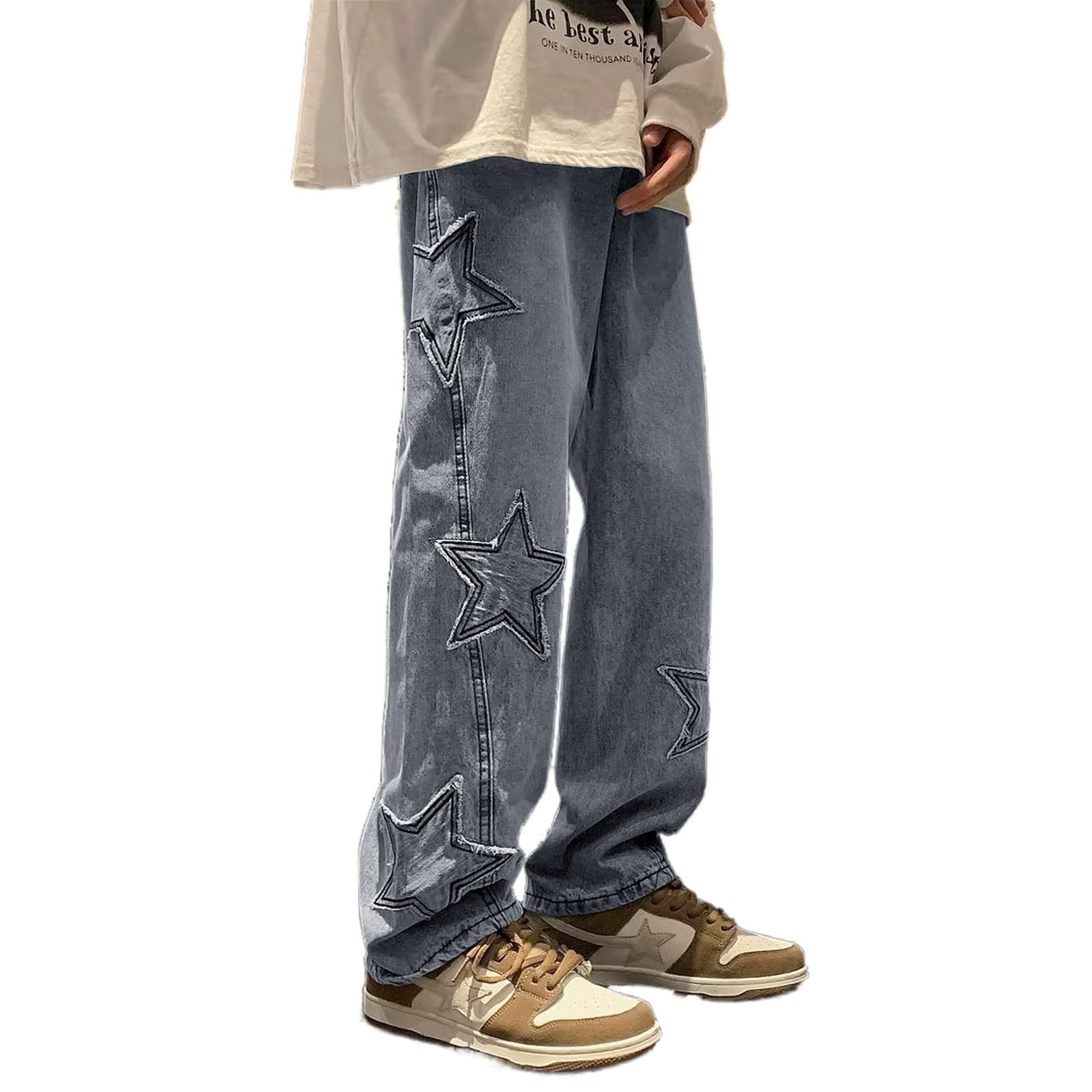Photo 1 of *** UNKNOWN SIZE***Mens Y2k Star Jeans High Waisted Hip Hop Streetwear Jeans Loose Baggy Embroidery Aesthetic Harajuku Denim Pants Light Blue