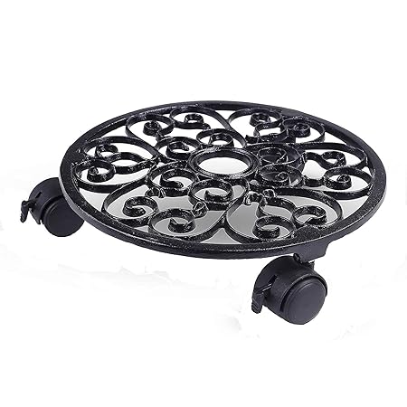 Sharpex Caddy Iron Dolly on Round Rack Rustproof Sturdy Metal Potted Indoor Outdoor Plant Stand/Trolley Casters with Rolling Wheels for Garden and Home- 1 PC- Black