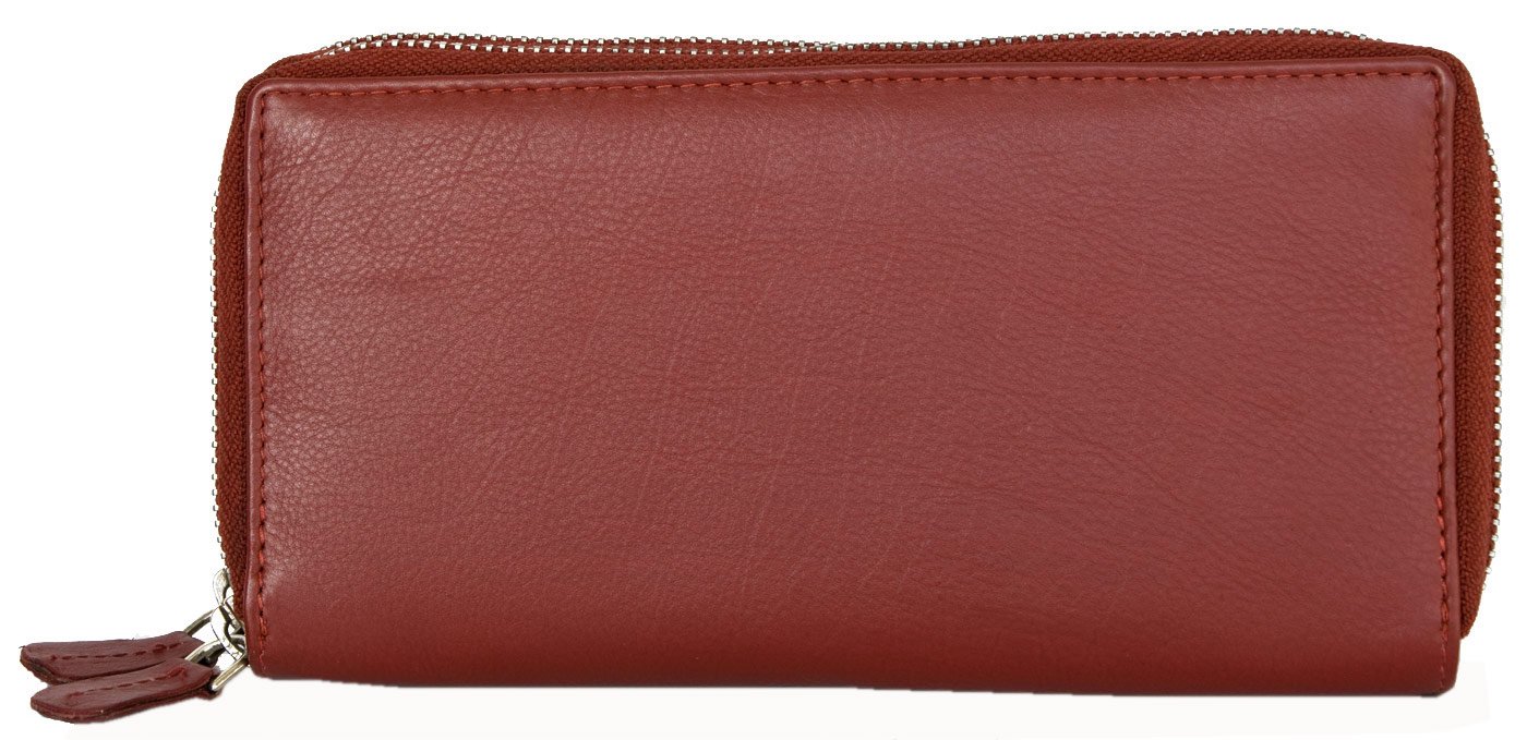 HMT Women's Dark Red Twin-Zip-Around Quality Genuine Leather Wallet