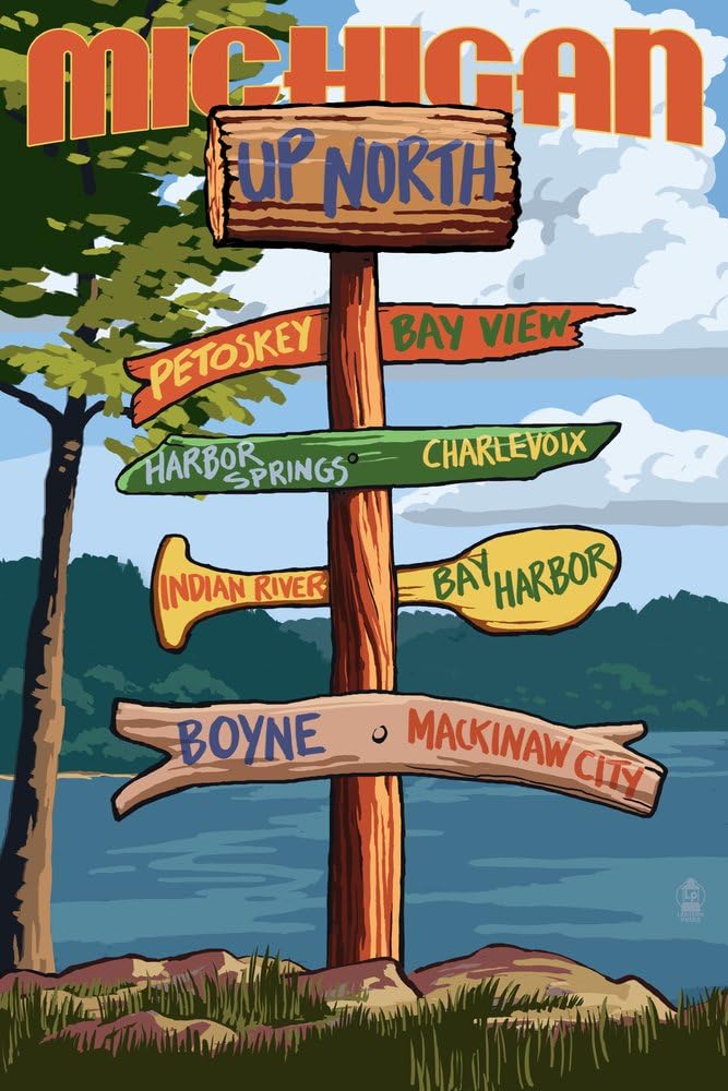 Up North, Michigan - Destinations Sign (16x24 Giclee Gallery Print, Wall Decor Travel Poster)