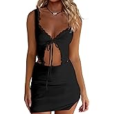 CSDAJIO Women's Lace Trim Open Up Tie Front Crop Tank Top and Bodycon Mini Skirt Sexy 2 Pieces Sets Summer Outfits