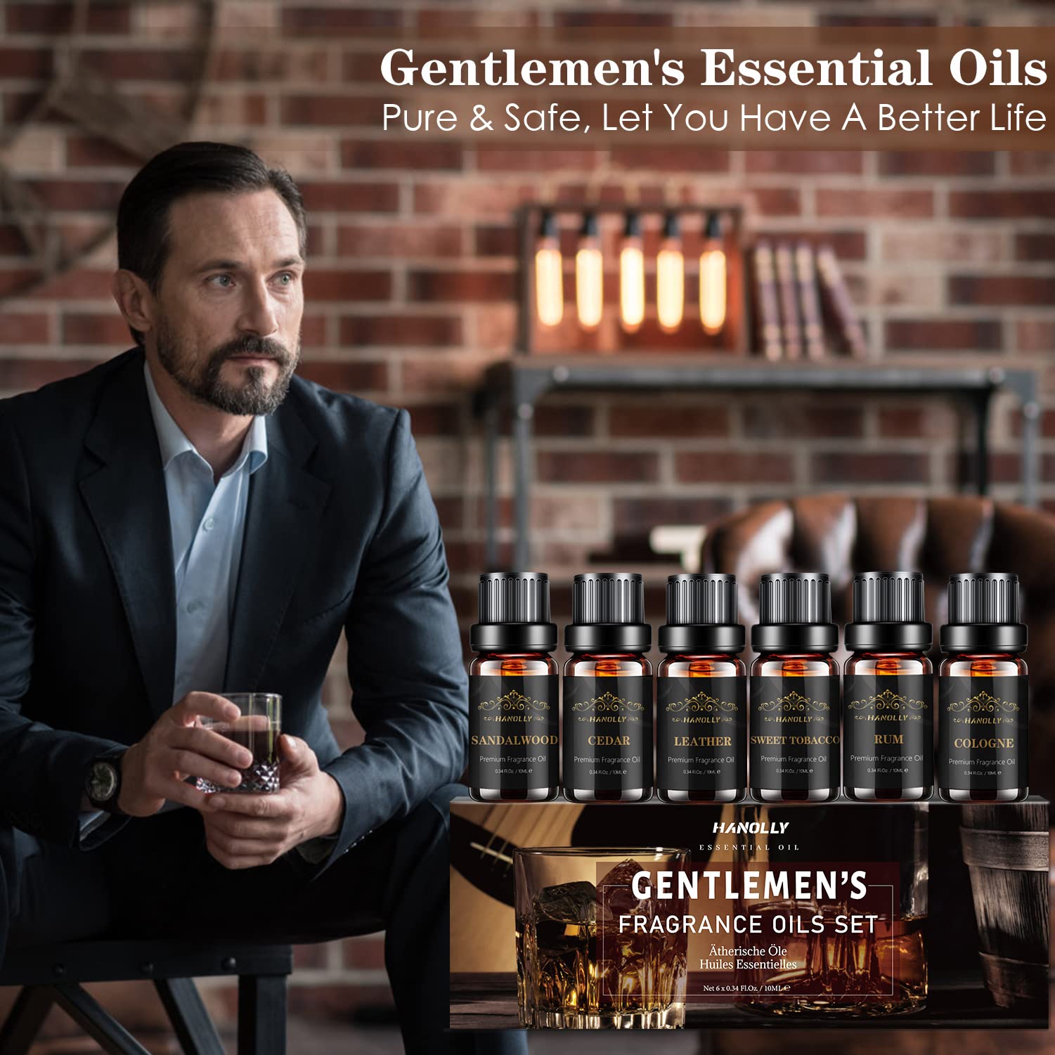 Essential Oils Set, Men Scents Fragrance Oil Aromatherapy Essential Oils Kit for Diffuser (6x10ML) - Sandalwood, Cedar, Leather, Sweet Tobacco, Rum, Cologne Aromatherapy Oils for Men, Gift for Men - Image 6