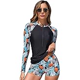 Tesuwel Womens 2 Piece Rash Guard Swimsuit UPF 50+ Zip Swim Shirt and Shorts Long Sleeve Bathing Suits with Build in Bra