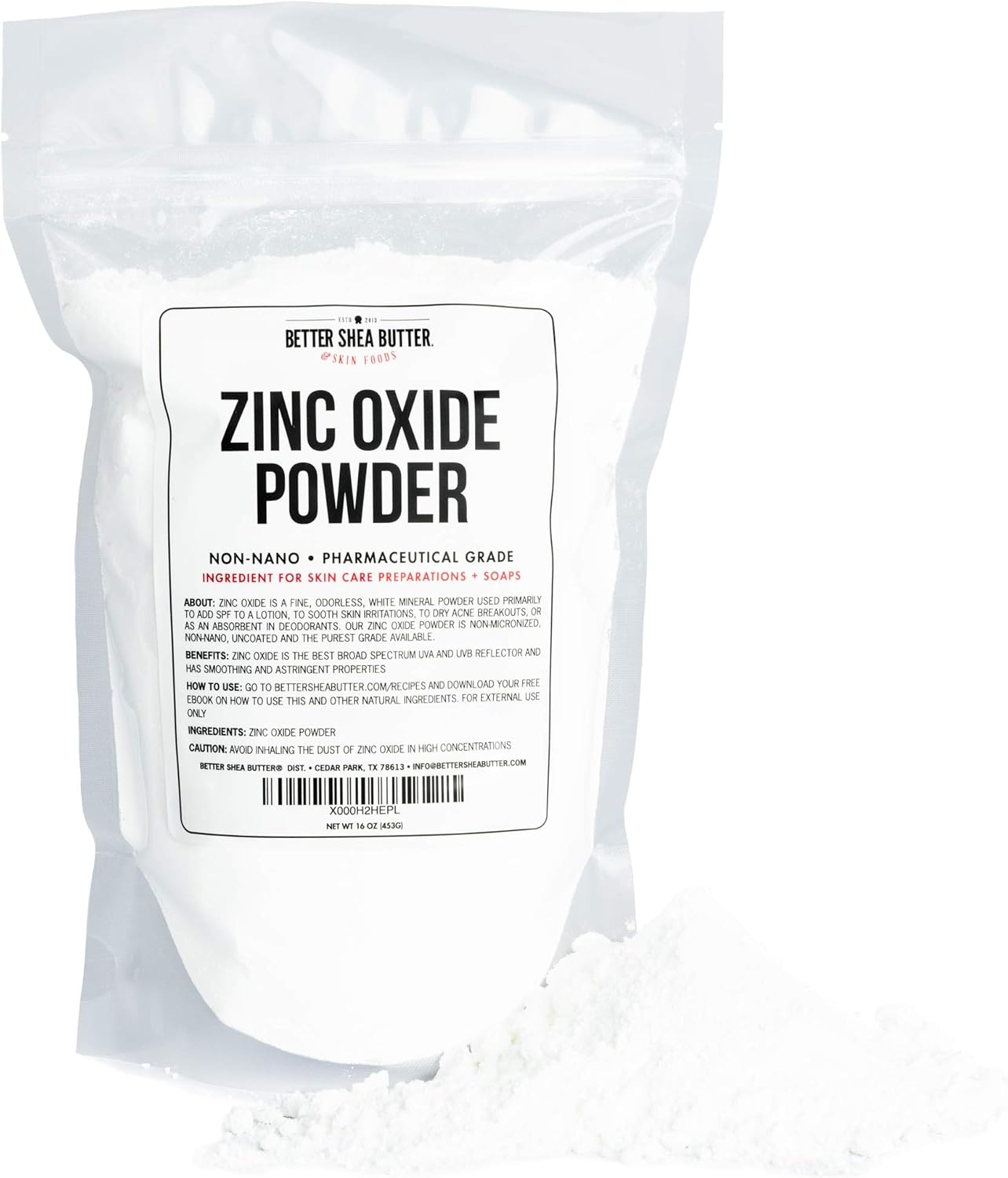 Zinc Oxide Powder 1 lb - Uncoated & Non-Nano - 100% Pure, Pharmaceutical Grade - for DIY Sunscreen, Lotion, UVA and UVB Protection - Ideal for Diaper Rash Creams - by Better Shea Butter