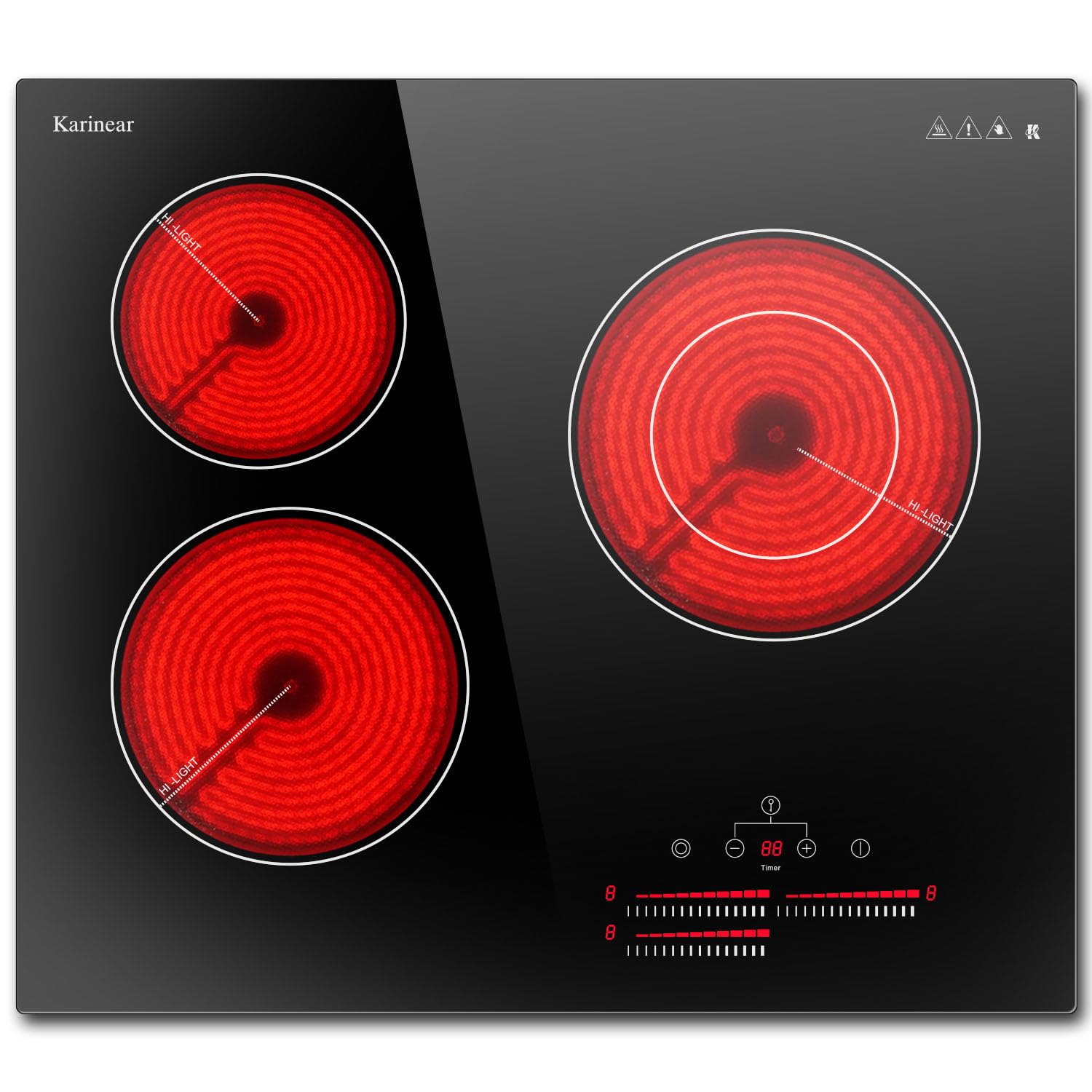 Photo 1 of Karinear Electric Cooktop 24 Inch, 3 Burners Electric Stove 24 Inch Built-in Install, 220V 5500W Electric Ceramic Cooktop with Slide Control, Timer, Child Safety Lock, Expandable Burner(No Plug)
